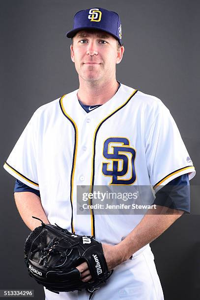 Pitcher Casey Janssen of the San Diego Padres poses for a portrait during spring training photo day at Peoria Sports Complex on February 26, 2016 in...
