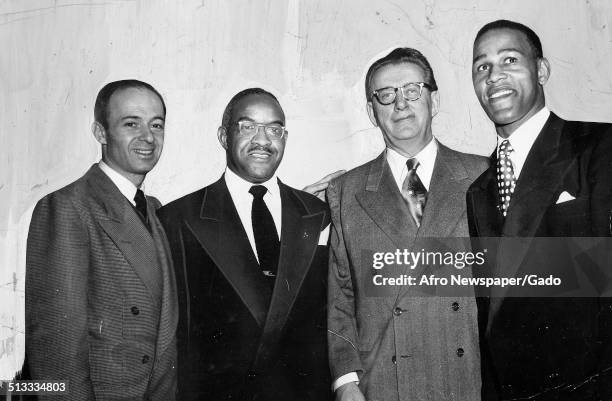 Civil Rights leader and judge Raymond Pace Alexander, Ted Kates, Joe Makel, Sid Rosen and Valley Finni receiving an award, March 4, 1950.