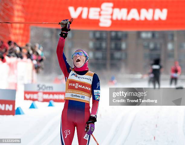 March 02: Therese Johaug of Norway celebrates over finish line during Cross Country Ladies 10.5 km Mass Start Classic on March 02, 2016 in Montreal,...