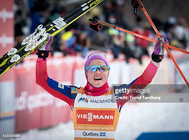 March 02: Therese Johaug of Norway celebrates victory during Cross Country Ladies 10.5 km Mass Start Classic on March 02, 2016 in Montreal, Canada .