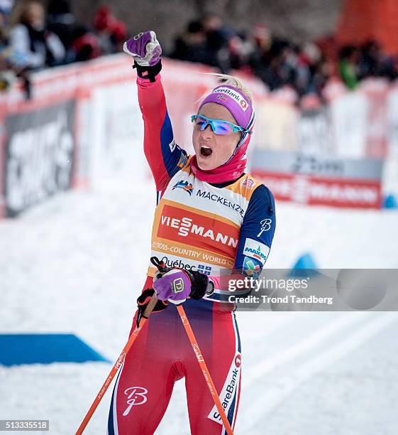 March 02: Therese Johaug of Norway celebrates over finish line during Cross Country Ladies 10.5 km Mass Start Classic on March 02, 2016 in Montreal,...