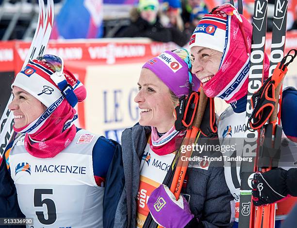 March 02: Winner Therese Johaug of Norway at the podium with Heidi Weng of Norway, Astrid Uhrenholdt Jacobsen of Norway during Cross Country Ladies...