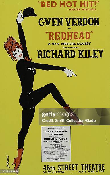 Poster for the Broadway musical Redhead which starred Gwen Verdon, the poster features an illustration of a redheaded woman in a black leotard...