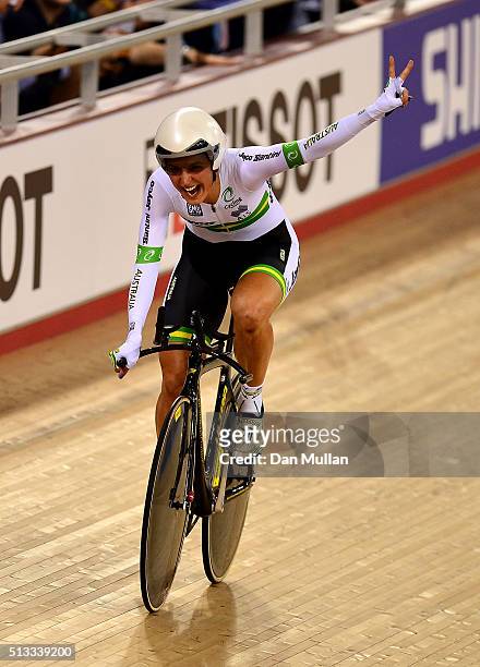 Rebecca Wiasak of Australia celebrates after winning the Womens Individual Pursuit final during the UCI Track Cycling World Championships at Lee...