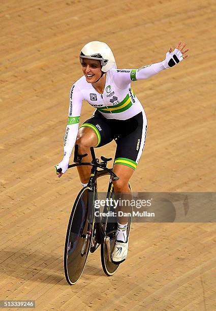 Rebecca Wiasak of Australia celebrates after winning the Womens Individual Pursuit final during the UCI Track Cycling World Championships at Lee...