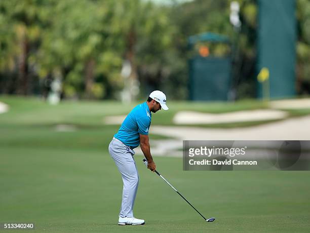 Jason Day of Australia plays a 3 wood on the Blue Monster Course at the Trump National Resort on March 1, 2016 in Doral, Florida.