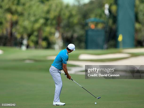 Jason Day of Australia plays a 3 wood on the Blue Monster Course at the Trump National Resort on March 1, 2016 in Doral, Florida.