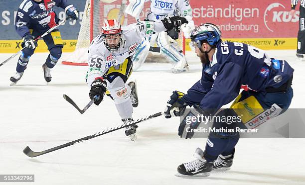 Tim Bender of the Schwenninger Wild Wings and Constantin Braun of the Eisbaeren Berlin during the game between the Eisbaeren Berlin and the...