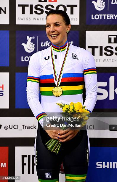 Rebecca Wiasak of Australia celebrates her gold medal after winning the Womens Individual Pursuit final during the UCI Track Cycling World...