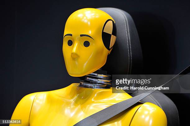 Crash test dummy is displayed during the Geneva Motor Show 2016 on March 2, 2016 in Geneva, Switzerland.