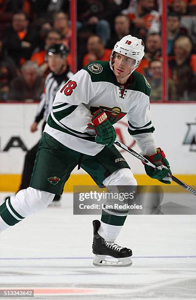 Ryan Carter of the Minnesota Wild skates against the Philadelphia Flyers on February 25, 2016 at the Wells Fargo Center in Philadelphia, Pennsylvania.