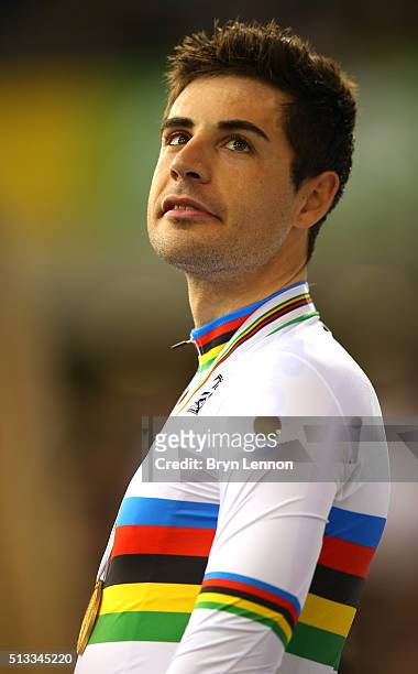 Sebastian Mora Vedri of Spain celebrates his gold medal after winning the Men's Scratch Race final during the UCI Track Cycling World Championships...