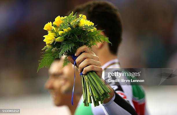 Sebastian Mora Vedri of Spain celebrates his gold medal after winning the Men's Scratch Race final during the UCI Track Cycling World Championships...