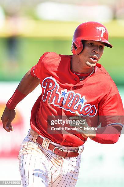 Arencibia of the Philadelphia Phillies runs the bases during a spring training game against the Toronto Blue Jays at Bright House Field on March 1,...