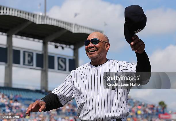 Former New York Yankees HOF Reggie Jackson waves to the crowd prior to the start of the Spring Training Game against the Detroit Tigers on March 2,...