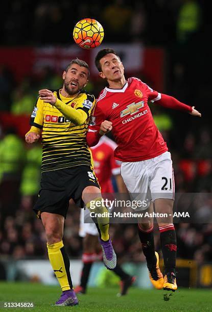 Valon Behrami of Watford and Ander Herrera of Manchester United during the Barclays Premier League match between Manchester United and Watford at Old...