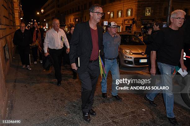 Catholic child abuse victims Dominic Ridsdale , David Ridsdale and Phil Nagle arrive at the Quirinale hotel in Rome on March 2, 2016 to witness the...