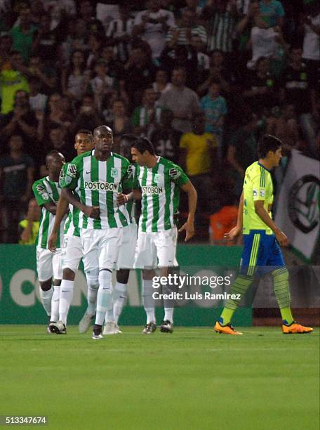 Players of Atletico Nacional celebrate a goal of their team during a group stage match between Atletico Nacional and Sporting Cristal as part of Copa...