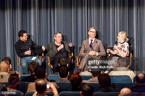 Moderator Dave Karger, producer Ivan Reitman, Director Paul Feig and writer Katie Dippold speak on stage at the Ghostbusters Fan Event at the...