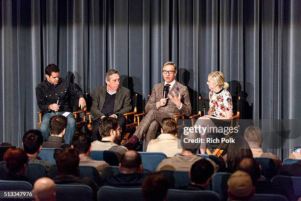 Moderator Dave Karger, producer Ivan Reitman, Director Paul Feig and writer Katie Dippold speak on stage at the Ghostbusters Fan Event at the...