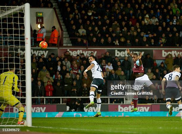 Michail Antonio of West Ham United scores during the Barclays Premier League match between West Ham United and Tottenham Hotspur at Boleyn Ground on...