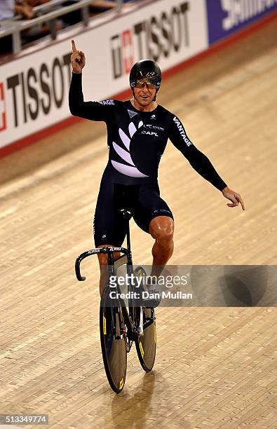 Edward Dawkins of New Zealand celebrate winning gold in the mens team sprint during the UCI Track Cycling World Championships at Lee Valley Velopark...