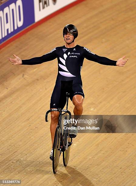 Edward Dawkins of New Zealand celebrate winning gold in the mens team sprint during the UCI Track Cycling World Championships at Lee Valley Velopark...