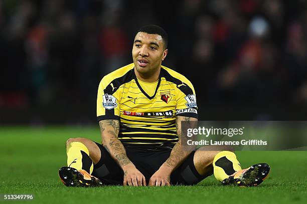 Troy Deeney of Watford looks on during the Barclays Premier League match between Manchester United and Watford at Old Trafford on March 2, 2016 in...