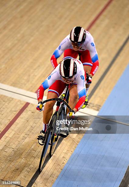 The Russian team on in action on their way to winning the Womens team sprint final during the UCI Track Cycling World Championships at Lee Valley...