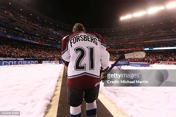 Peter Forsberg of the Colorado Avalanche Alumni team heads to the locker room after a win against the Red Wings Alumni team at the 2016 Coors Light...