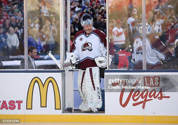 Patrick Roy of Colorado Avalanche Alumni team takes to the ice prior to the game against the Red Wings Alumni team at the 2016 Coors Light Stadium...