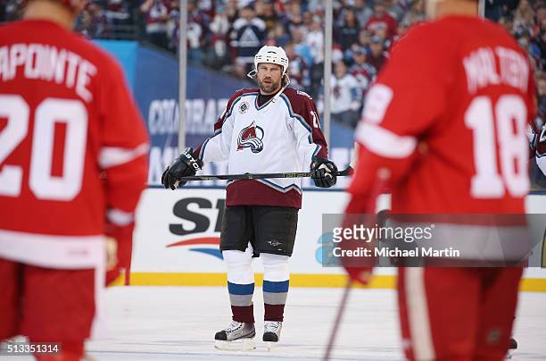 Peter Forsberg of the Colorado Avalanche Alumni team skates against the Red Wings Alumni team at the 2016 Coors Light Stadium Series at Coors Field...