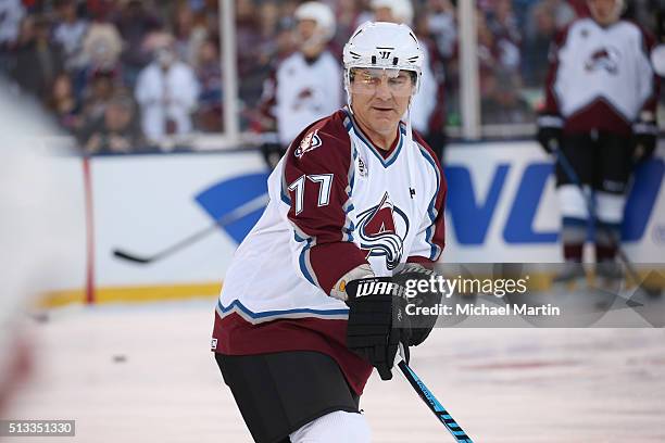 Ray Bourque of the Colorado Avalanche Alumni team skates against the Red Wings Alumni team at the 2016 Coors Light Stadium Series at Coors Field on...