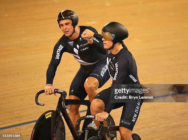 Edward Dawkins and Ethan Mitchell of New Zealand celebrate winning gold in the mens team sprint during the UCI Track Cycling World Championships at...