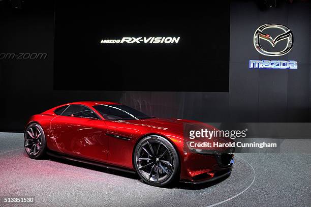 The Mazda RX-Vision concept is shown during the Geneva Motor Show 2016 on March 2, 2016 in Geneva, Switzerland.