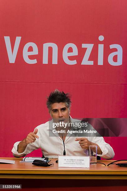 Chilean architect Alejandro Aravena Director of the Biennale di Venezia speaks during the presentation of the XV International Exhibition "la...