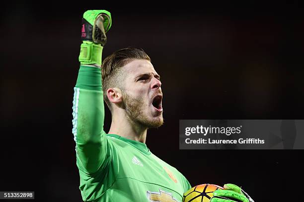 David De Gea of Manchester United celebrates the opening goal scored by Juan Mata during the Barclays Premier League match between Manchester United...