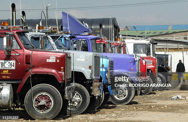 Un camionero pasa delante de decenas de camiones estacionados en un parqueadero en Bogota, el 22 de setiembre de 2004. Miles de transportistas de...