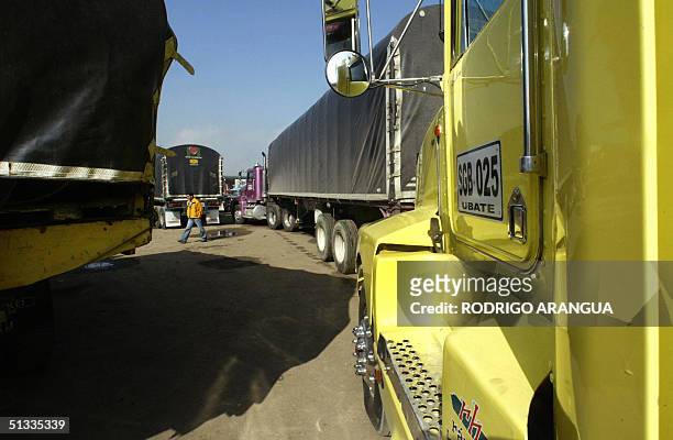 Un camionero pasa delante de decenas de camiones estacionados en un parqueadero en Bogota, el 22 de setiembre de 2004. Miles de transportistas de...