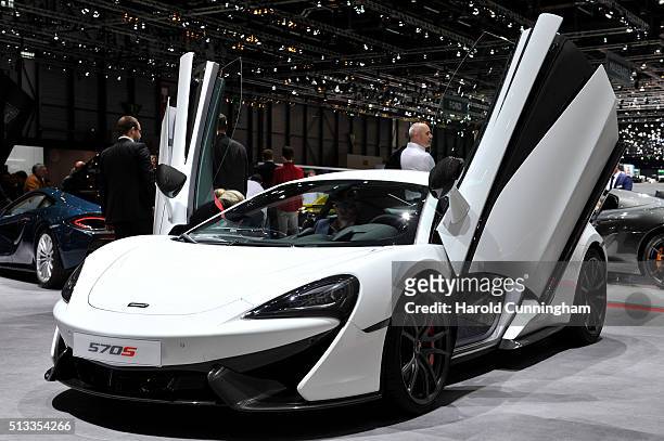 McLaren 570S is displayed during the Geneva Motor Show 2016 on March 2, 2016 in Geneva, Switzerland.