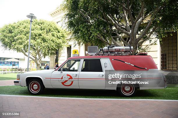 The ECTO-1 vehicle is seen parked outside Ghost Corps headquarters at the "Ghostbusters" Fan Event Photo Call at Sony Pictures Studios on March 2,...