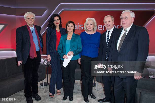 Hans-Christian Stroebele, Nadja Atwal, Sandra Maischberger, Debra Milke, Tom Buhrow and John Kornblum attend the 'Menschen bei Maischberger' TV Show...