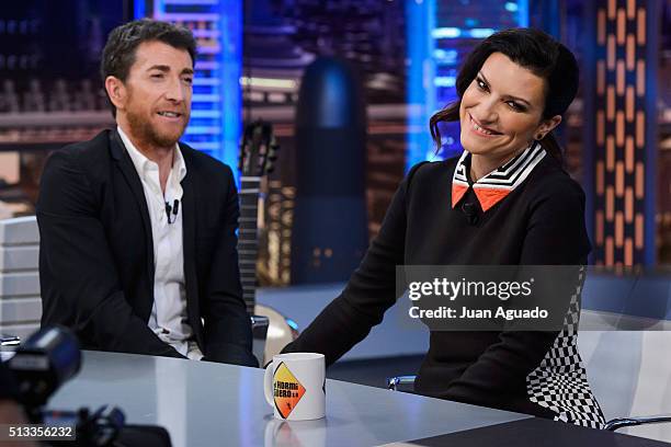 Host Pablo Motos and Laura Pausini attend 'El Hormiguero' TV Show at Vertice Studios on March 2, 2016 in Madrid, Spain.