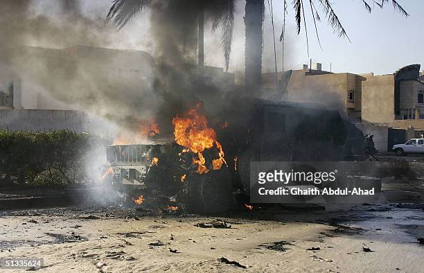 Wrecked humvee belonging to the 1st Marine Expeditionary Force is seen September 22, 2004 in the Mansour district of Baghdad, Iraq. An explosion,...