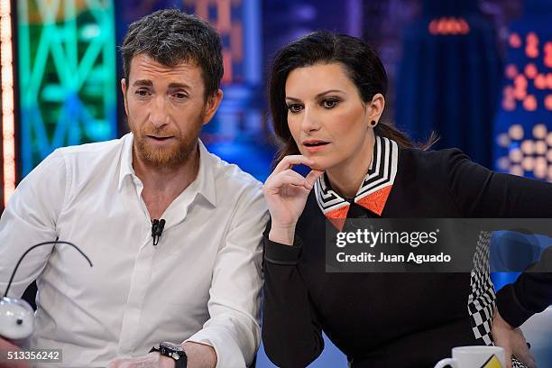 Host Pablo Motos and Laura Pausini attend 'El Hormiguero' TV Show at Vertice Studios on March 2, 2016 in Madrid, Spain.