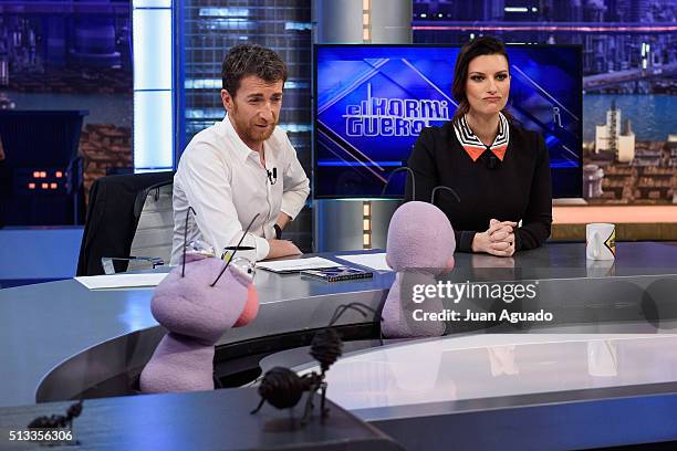 Host Pablo Motos and Laura Pausini attend 'El Hormiguero' TV Show at Vertice Studios on March 2, 2016 in Madrid, Spain.