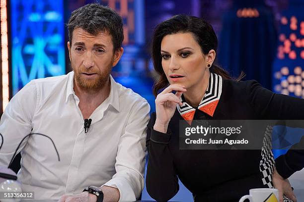 Host Pablo Motos and Laura Pausini attend 'El Hormiguero' TV Show at Vertice Studios on March 2, 2016 in Madrid, Spain.