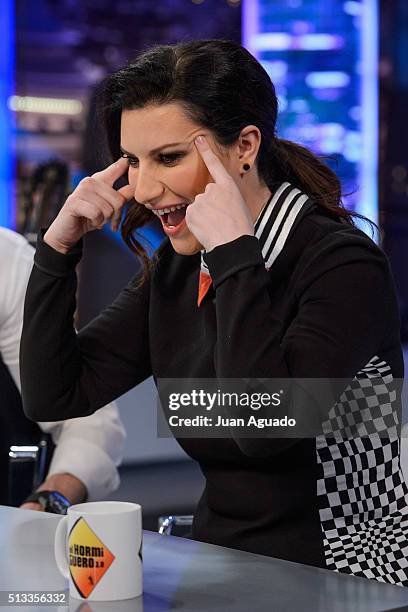 Laura Pausini attends 'El Hormiguero' TV Show at Vertice Studios on March 2, 2016 in Madrid, Spain.