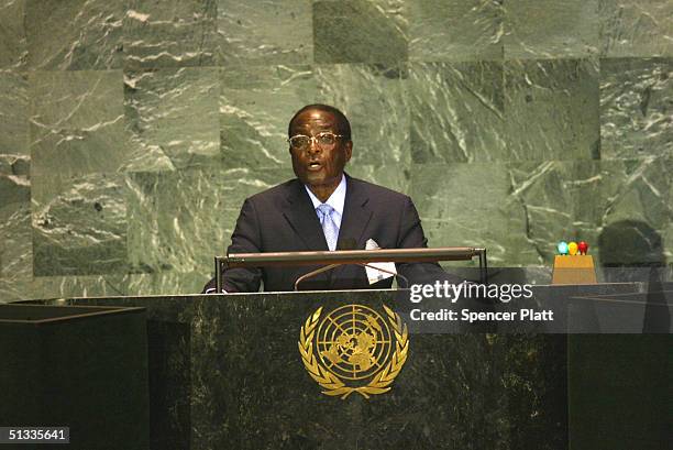 President of Zimbabwe Robert G. Mugabe addresses the United Nations General Assembly September 22, 2004 in New York City. Dignitaries from around the...