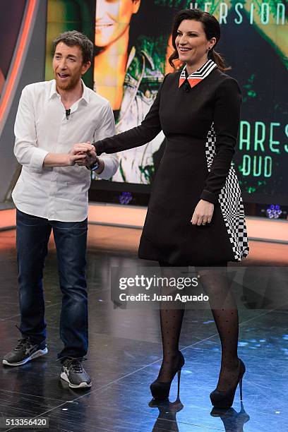 Host Pablo Motos and Laura Pausini attend 'El Hormiguero' TV Show at Vertice Studios on March 2, 2016 in Madrid, Spain.